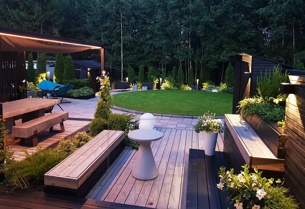 Sloupová svítidla FUNK led pro osvětlení nádvoří a venkovní jídelny osvětlená led páskovým osvětlením. Kromě toho nástěnná svítidla osvětlující ve dvou směrech. Ledstore.fi